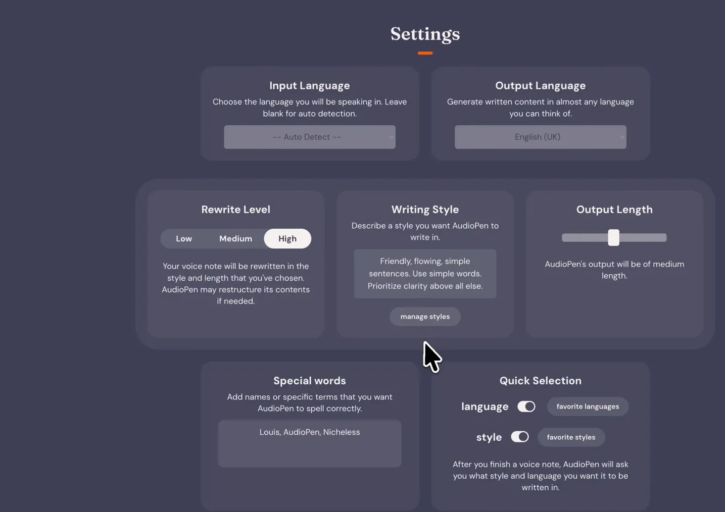 AudioPen language settings: input language on auto-detect and the output language dropdown