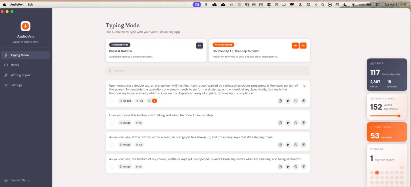 AudioPen for Mac: Typing Mode with transcript and AI-rewrite hotkeys, notes list and usage stats