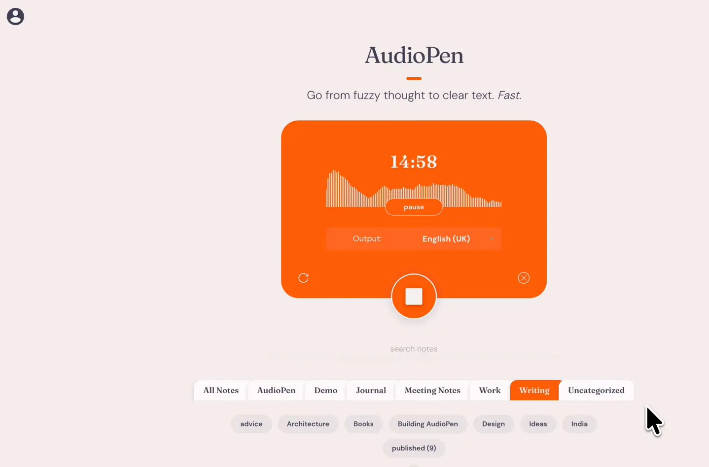 The AudioPen web app recording screen running in a browser — the same interface you get on Windows